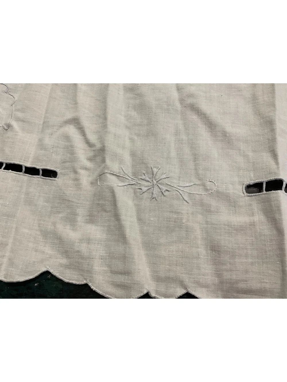 Vintage White Linen Embroidered Table Runner with Cutwork 32 1/2” x 14”